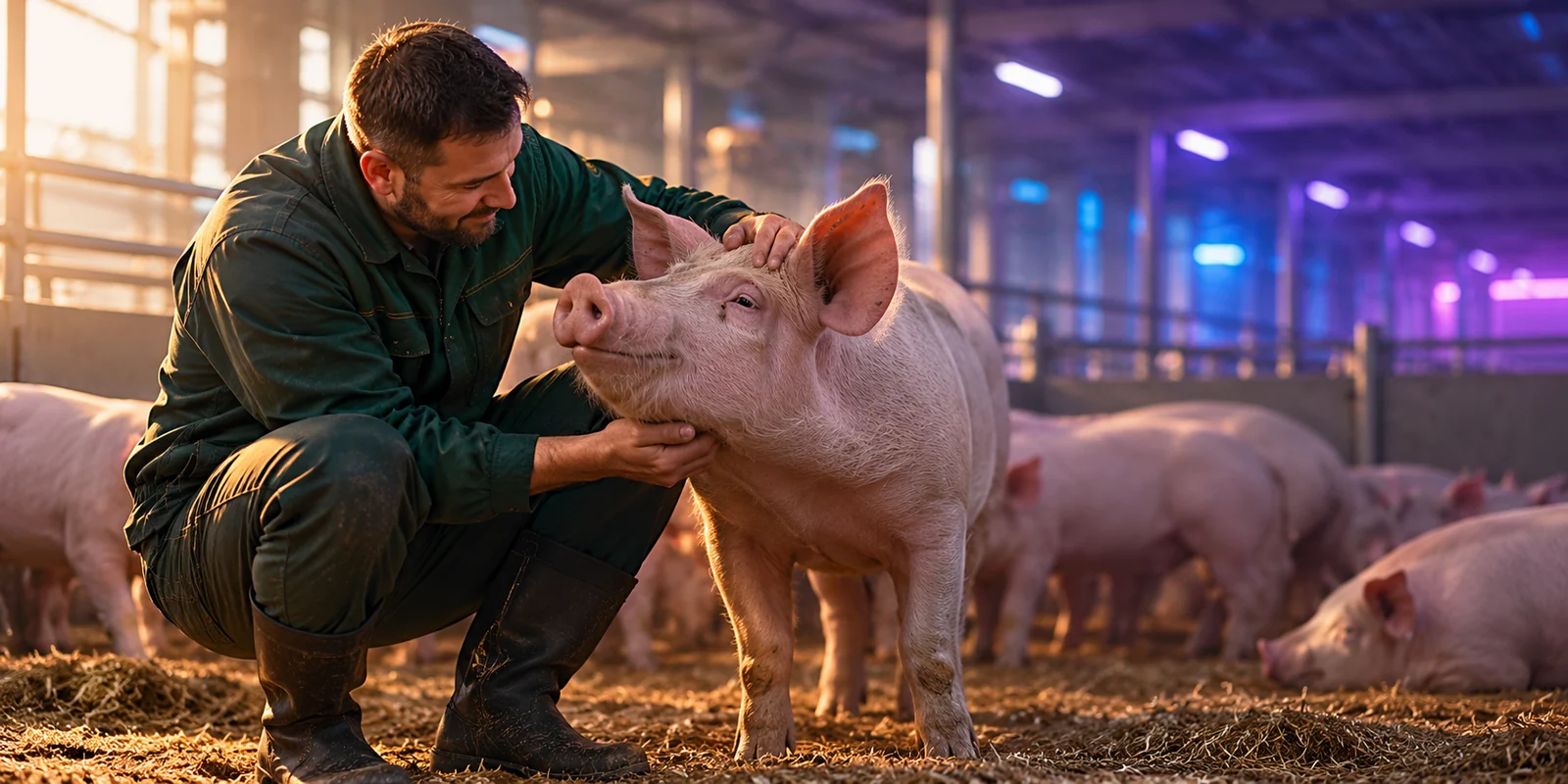 Caretaker gently interacting with a pig in the Artificial Nature concept