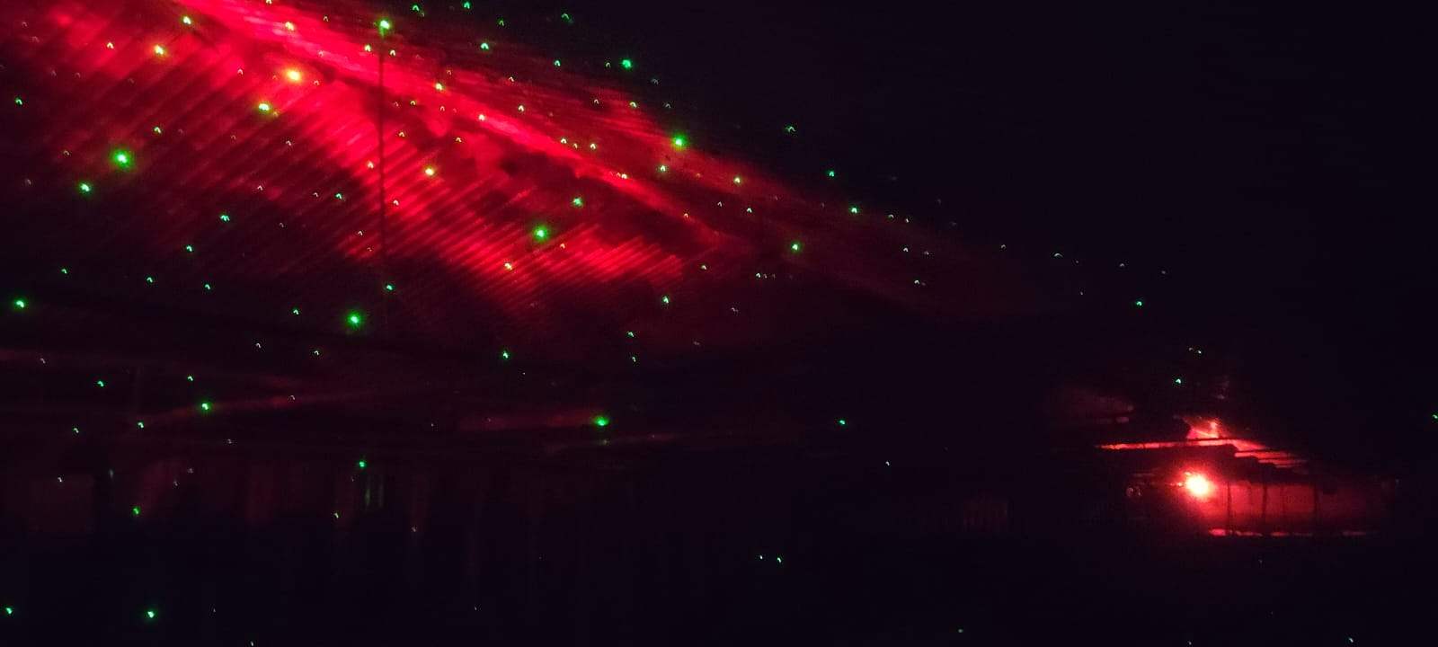 Red lighting with green projected points inside the Artificial Nature pig barn